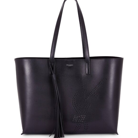SAINT LAURENT BLACK LEATHER PERFORATED LOGO LARGE TOTE - Picture 1 of 15